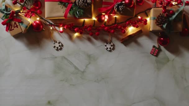 Χριστουγεννιάτικο Δώρο Και Παρουσιάζει Πλαίσιο Φόντο Επίπεδη Προβολή Στρώμα — Αρχείο Βίντεο