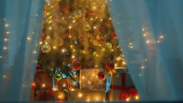 Christmas Tree Blurred Rainy Wet Window Curtain — Stock Photo, Image