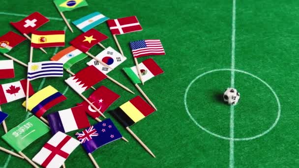 ミニチュアフィールドと世界サッカーカップの旗の状態 — ストック動画