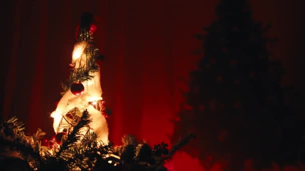 Красные Вращающиеся Рождественские Елки Ночью — стоковое видео