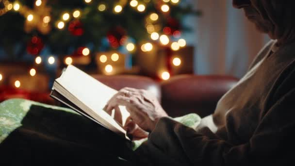 Czytanie Książki Boże Narodzenie Siedzi Kanapie Swoim Domu — Wideo stockowe