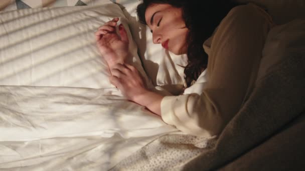 Girl Sleep Wake Alone Double Bed — Stockvideo
