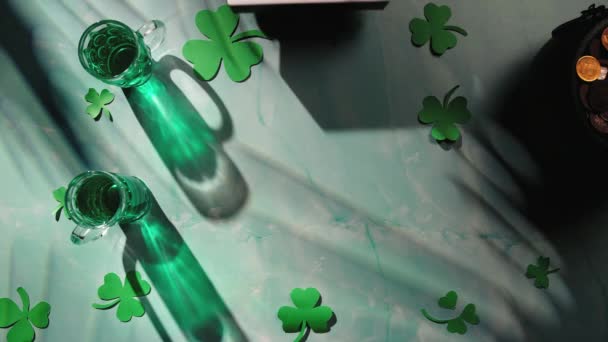 Celebrating Saint Patrick Day Background Wooden Table Green Beer — Wideo stockowe