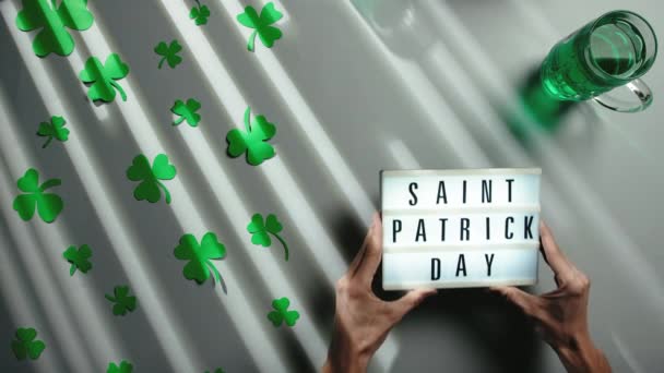 Celebrating Saint Patrick Day Background Wooden Table Green Beer — Stockvideo