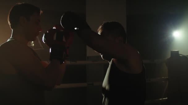 パンチバッグとリングにボクシングでジムでのトレーニング — ストック動画