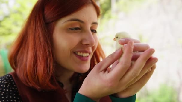 Молодая Женщина Держит Цыпленка Руках — стоковое видео