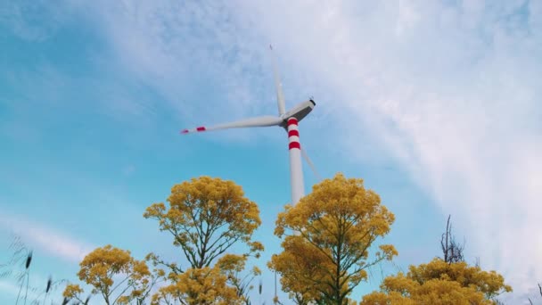 日没の丘の上のクリーンエネルギー生産のための風力発電所 — ストック動画