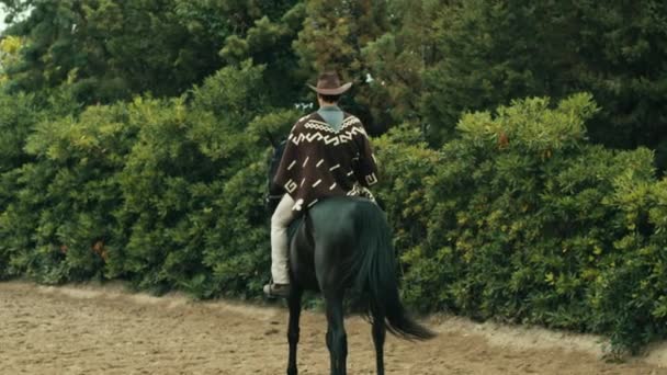 Çiftlikteki Ata Kovboy Elbiseli Bir Adam Biner — Stok video