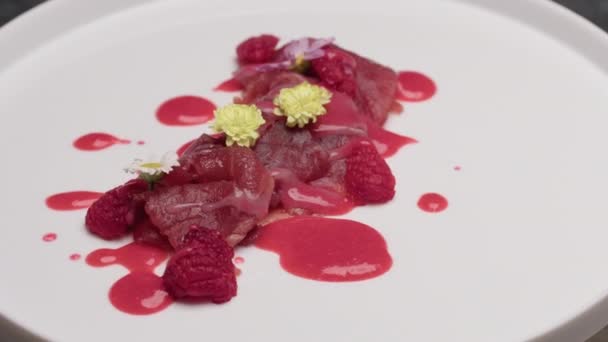 Chef Prepared Fresh Tuna Carpaccio Edible Flowers — Stock Video