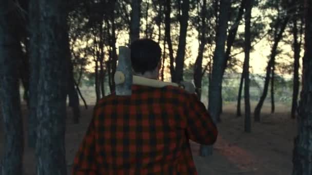 Τρομαγμένος Άντρας Μπαλτά Περπατάει Στο Δάσος Βράδυ — Αρχείο Βίντεο