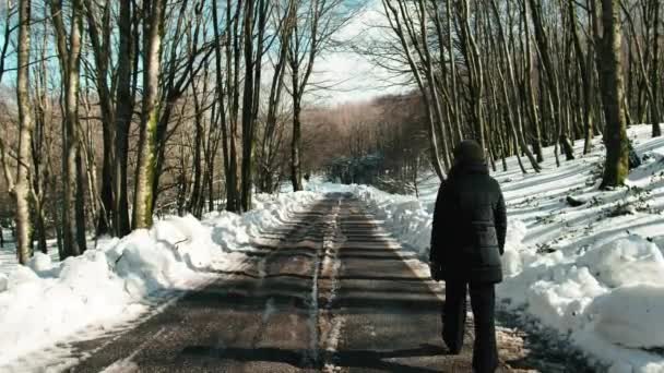 Nainen Kävelee Kadulla Lumisessa Metsässä — kuvapankkivideo