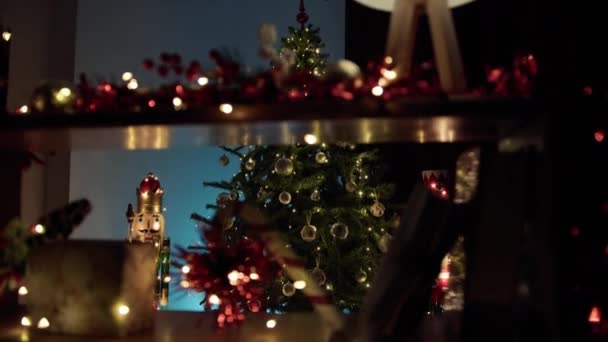 客厅里一个装饰模糊的书架上挂着圣诞树 — 图库视频影像