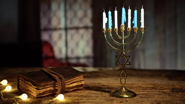 Lilin Hanukkah Dengan Buku Atas Meja — Stok Foto