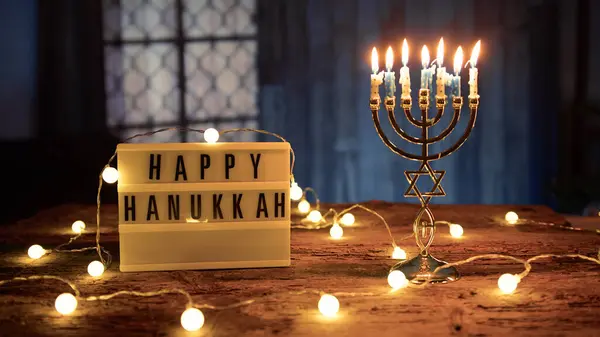 Happy Hanukkah Signboard Jewish Candlestick — Stok Foto