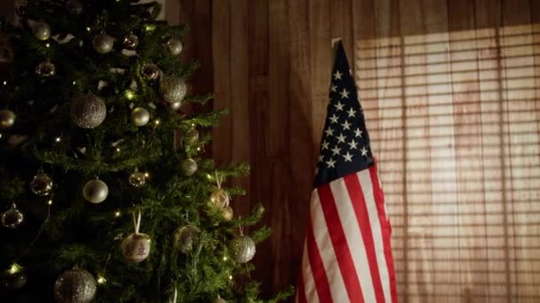 Bandera Americana Cerca Del Árbol Navidad Casa — Vídeo de stock