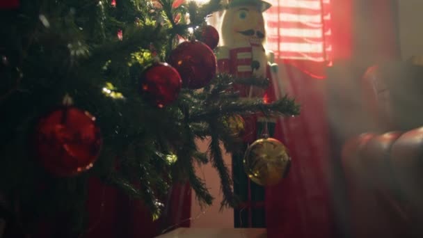 Oturma Odasındaki Noel Ağacının Arkasındaki Fındıkkıran — Stok video