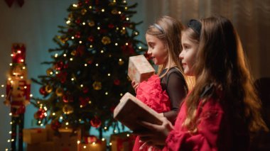 Noel Baba 'dan hediye alan küçük kız kardeşler. .