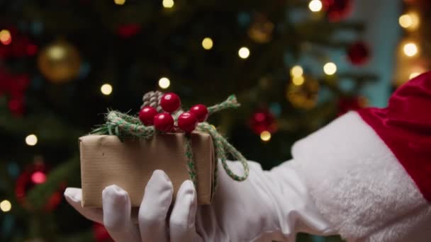 Santa Claus Bringing Present His Hand — Stock Video
