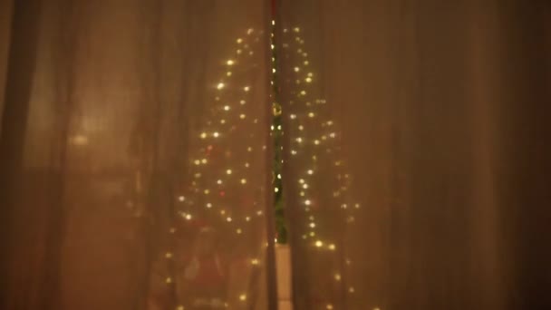 Árbol Navidad Escondido Detrás Una Cortina Casa — Vídeo de stock