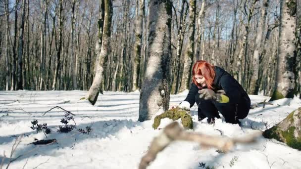 Ung Kvinna Berget Leker Med Snö — Stockvideo