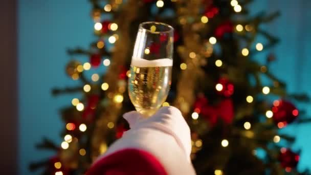 Papai Noel Pronto Para Provar Uma Excelente Taça Champanhe — Vídeo de Stock