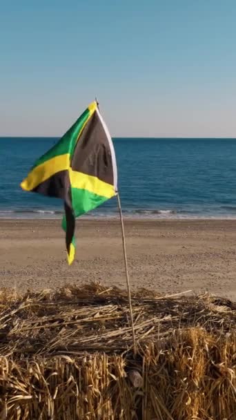 Jamaica Vlag Vliegt Een Strand Hut Nabij Oceaan — Stockvideo