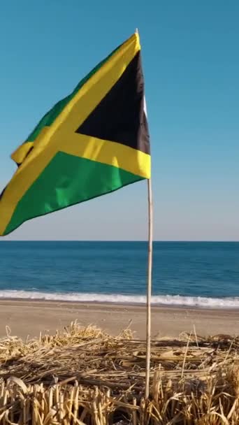 Jamaikan Lippu Liehuu Rantamajassa Lähellä Merta — kuvapankkivideo