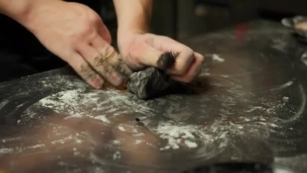 Chef Making Italian Black Ink Cuttlefish Dough Ristorante — Video Stock