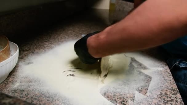 Pizza Chef Rolling Out Block Dough Marble — Vídeos de Stock