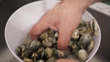 Şef deniz kenarında bir restoranda balık pişiriyor.