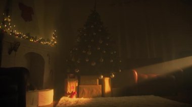 Noel Gündoğumu Işığı, evdeki ağacın altındaki hediyeleri aydınlatıyor..