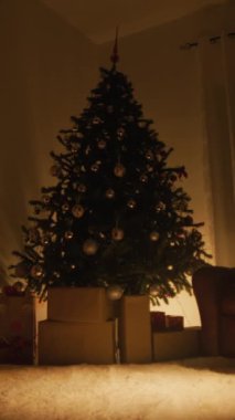 Geceleri ağaç, şömine ve kanepe olan Noel odası..
