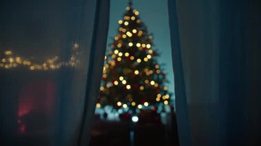 Bir evin perdesinin arkasından görülen Noel Ağacı.