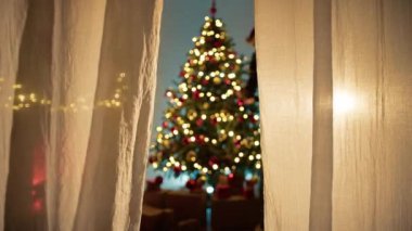 Bir evin perdesinin arkasından görülen Noel Ağacı.