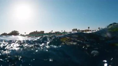 Suya girip çıkan yüzücü okyanusta kurbağalama antrenmanı yapıyor. .