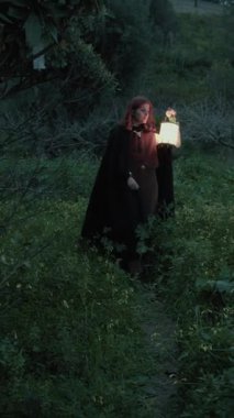 Bulutlu bir günde kırsalda pelerinli genç bir kadın..