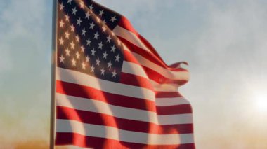 Gün batımında Amerikan Bayrağı Dalgalanıyor Yavaş Hareket.