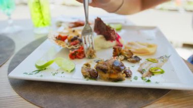 Sahildeki restoranda öğle yemeği için gurme deniz ürünleri aperatifi. . 