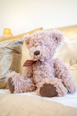 Şirin kahverengi bir oyuncak ayı rahat bir yatakta oturuyor.