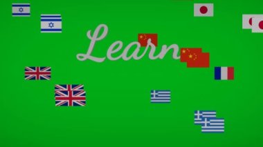 Yeşil ekranda yabancı dil billboardlarını öğrenin, uçan bayraklar, dil eğitimi teklifi, eğitim reklamları, dil okulu, 4k animasyon afişi