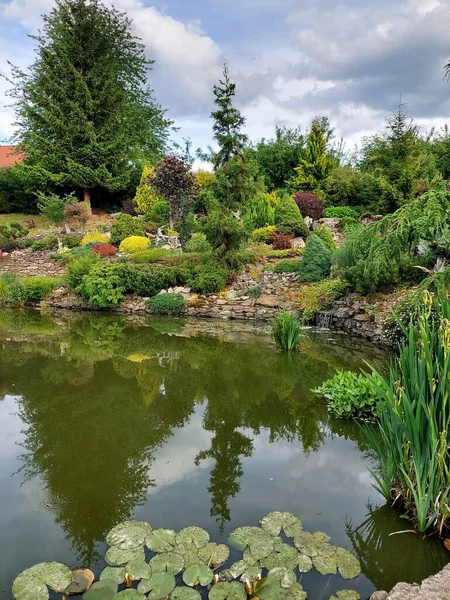 stock image Beautiful garden with rock arrangement, coniferous trees and shrubs, water pond with water lilies, interesting garden composition, gardening architecture