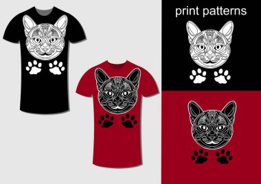 Kedi kafası çizimi olan tişört tasarımı, kırmızı ya da siyah tişört basmak için modifiye edilmiş, içinde baskı resmi olan vektör moda tasarımı, gençlik modası
