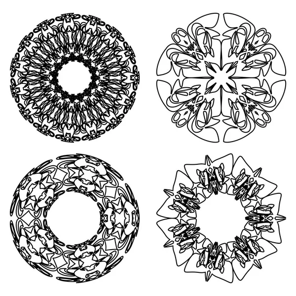 Набір Чотирьох Декоративних Каракулів Чорно Білому Дизайні Круглий Вінтажний Орнамент — стоковий вектор