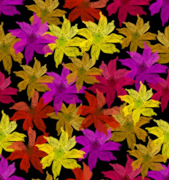 水の色で描くスタイルでカラフルな花 黒の背景にシームレスなパターン オレンジ 紫の花を咲かせます ドレス生地に適した独特のコントラストパターン — ストックベクタ