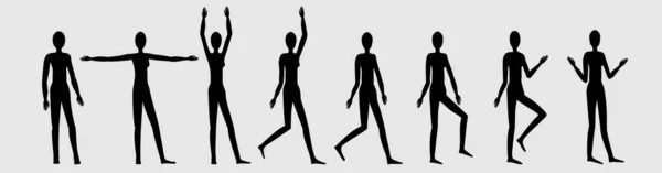 不同姿势的女性形象的轮廓 一组1 站立的形象 腿和胳膊的不同位置 适合服装设计的人马座 矢量人物 — 图库矢量图片