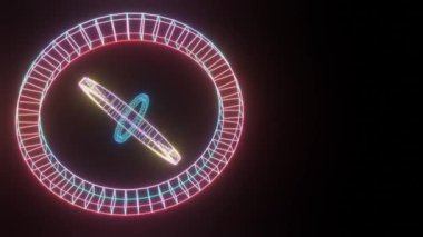 Magic circles of glowing material rotate in space and change colors, on the right space for placing your own text, subtitles, satisfying animation on black background. Animation in 4k resolution
