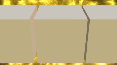 Merhaba kırmızı harfli 3D, yazı ve bej küplerin animasyonu, bulanık desenli altın arkaplan. Sevimli renk selamlaması, güzel giriş, tam HD video