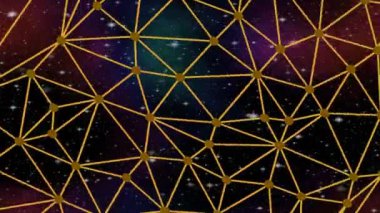 Nebula ve yıldızlarla uzay arkaplanı üzerinde çalışan ağ. Renk değiştiren ağ, Voronoi desenleri diyagramı, soyut bilim kurgu video arkaplanı, 4k çözünürlük