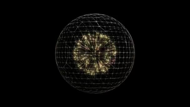 Esfera Wireframe Girando Fogos Artifício Lettering Feliz Ano Novo Animação — Vídeo de Stock