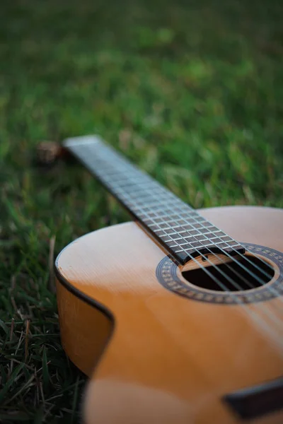 在公园的绿草上躺着一把吉他 — 图库照片